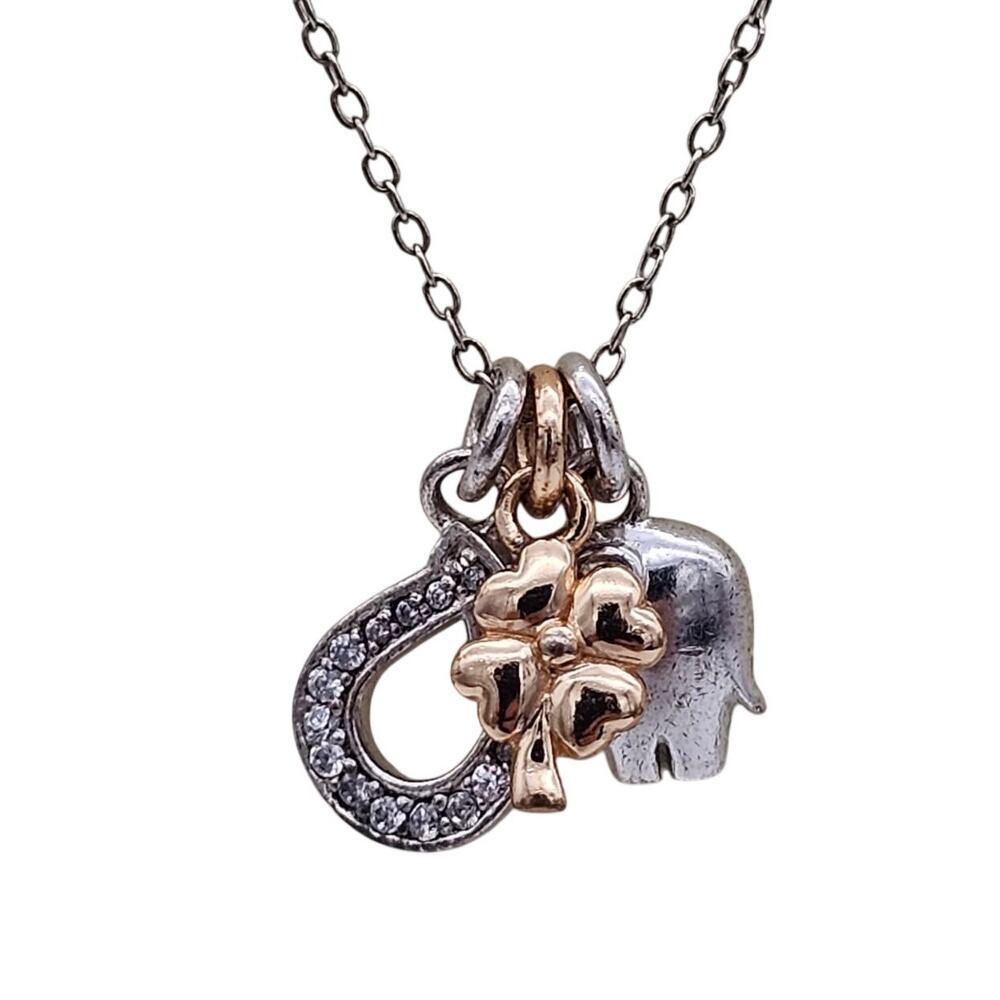 Sterling Silver 3 Charm Pendants and Necklace Elephant Lucky charm Horse Shoe